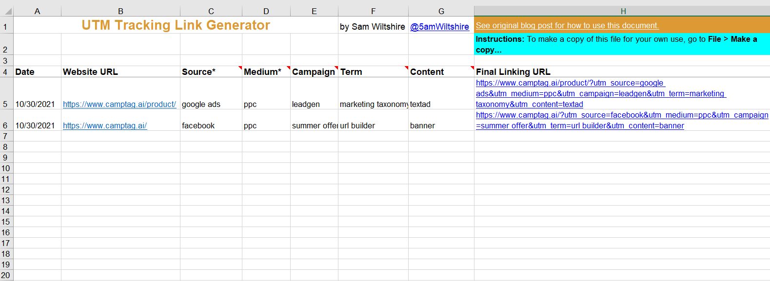 Martini Technology UTM link builder spreadsheet